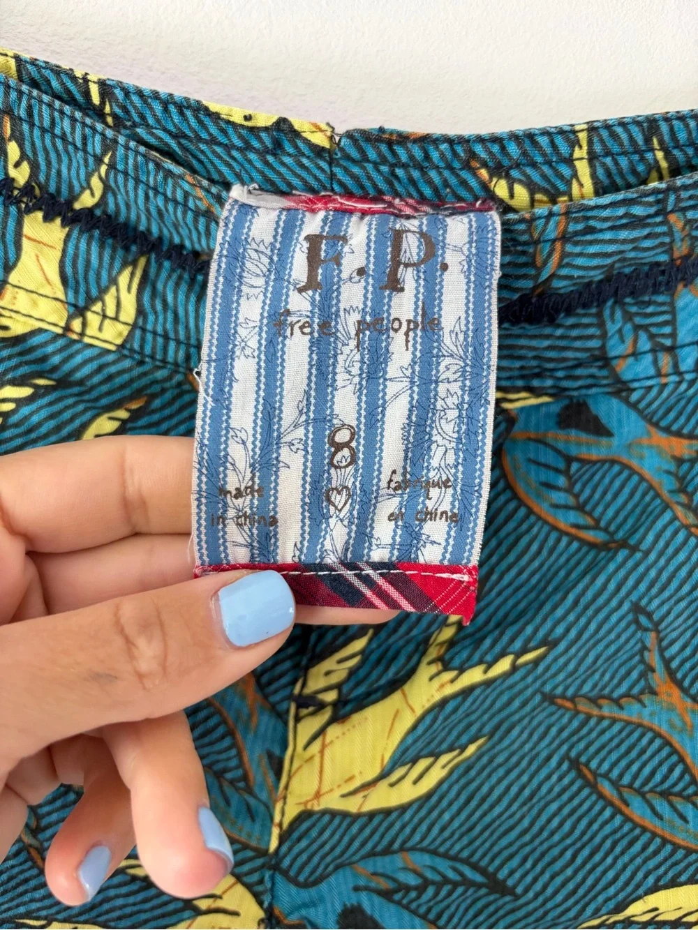 Free People Bird Print Side Tie Blue & Yellow Micro Mini Shorts Size 8